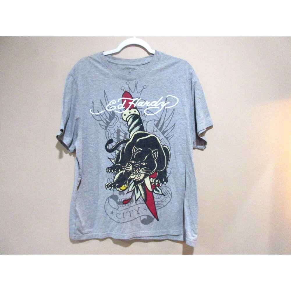 Ed Hardy Shirt Mens XL Gray Panther Dagger Grunge Unisex Goth Tattoo Art Tee
